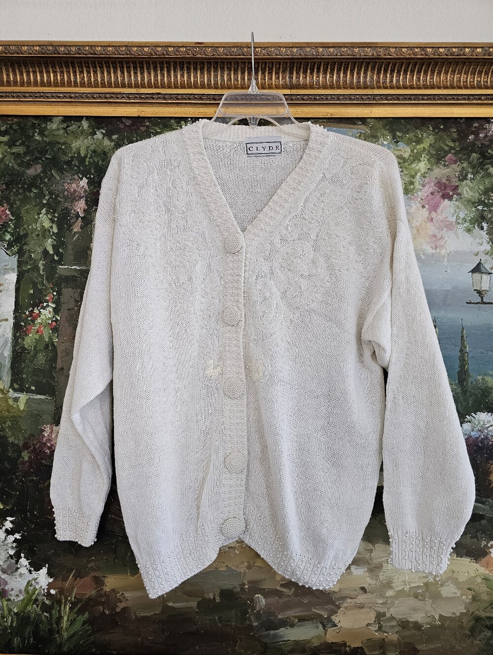 Vintage CLYDE Pearl Beaded Cardigan Sweater Cream Ivory Bridal Wedding 80s 90s